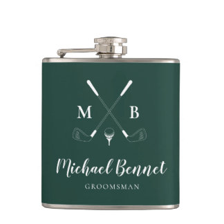 Emerald Green Modern Monogram Golf Wedding Hip Flask