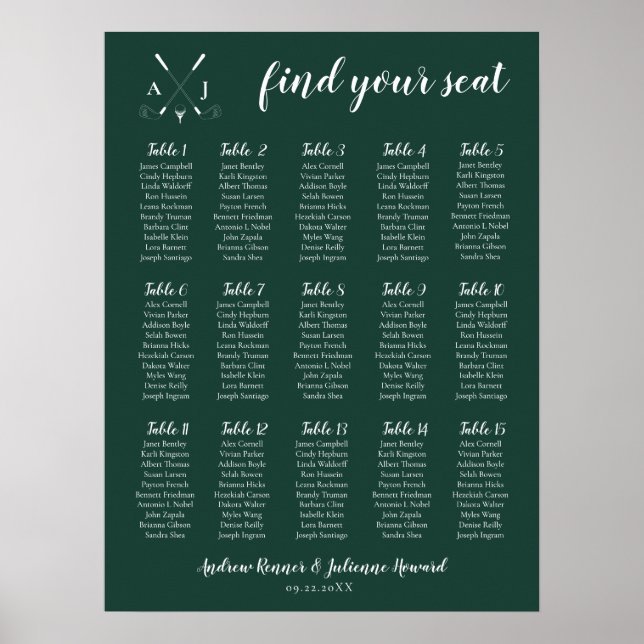 Emerald Green Modern Monogram Golf Wedding Poster (Front)