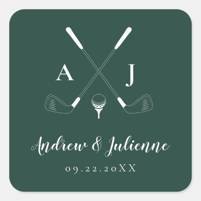 Emerald Green Modern Monogram Golf Wedding Square Sticker (Front)