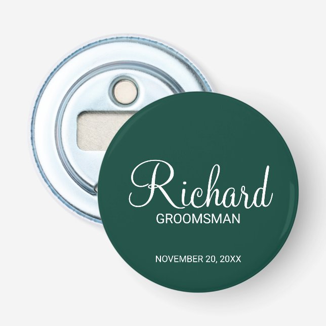 Emerald Green Modern Script Personalized Groomsman Bottle Opener (Front)