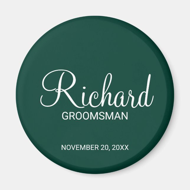 Emerald Green Modern Script Personalized Groomsman Magnet (Front)