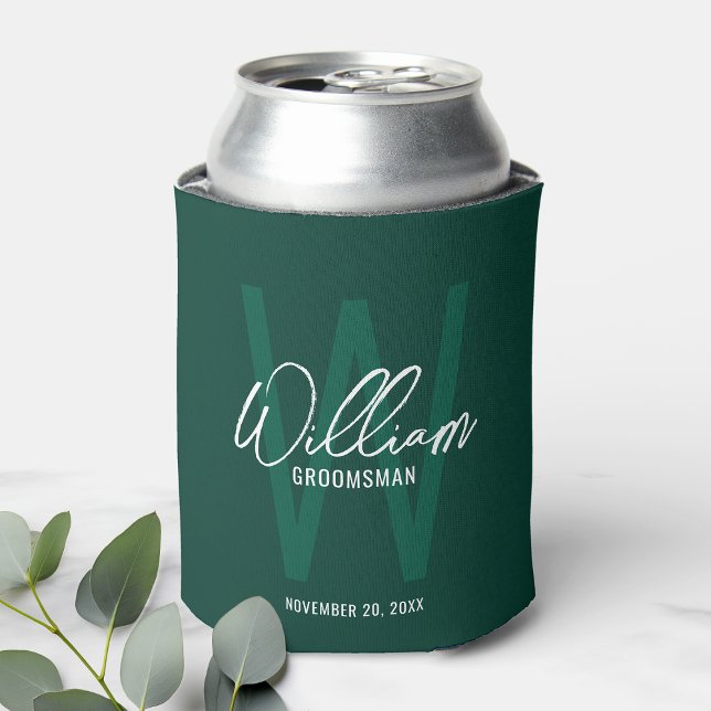 Emerald Green Modern Script Personalized Groomsmen Can Cooler (Creator Uploaded)
