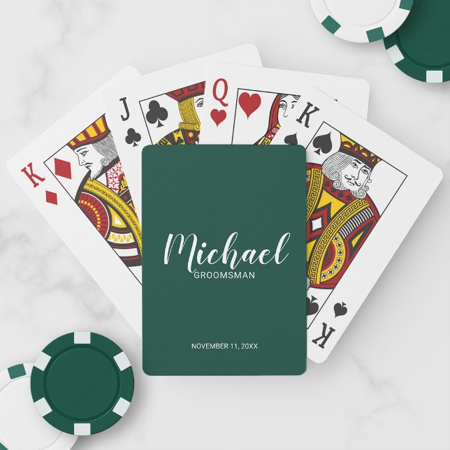 Emerald Green Modern Script Personalized Groomsmen Playing Cards (Creator Uploaded)