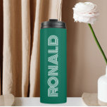 Emerald Green Modern Typography Personalized Name Thermal Tumbler<br><div class="desc">Keep hot beverages hot and cold beverages cold with this trendy,  insulated thermal tumbler that is an emerald green colour along with name printed in white,  modern typography. Edit your thermal tumbler and replace name with desired name. Perfect for a birthday gift,  wedding groomsman gift,  etc.</div>