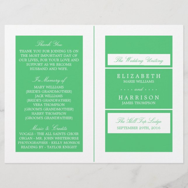 Emerald Green Modern Wedding Bi-fold Program (Front)