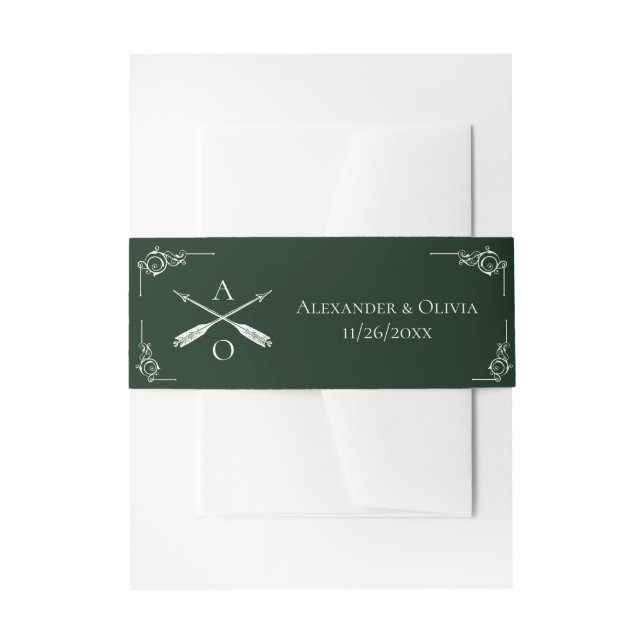 Emerald Green Monogram and Arrows Invitation Belly Band (Front Example)