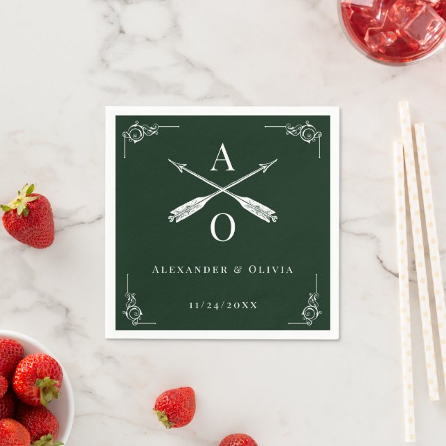 Emerald Green Monogram and Arrows Wedding Napkin (Insitu)