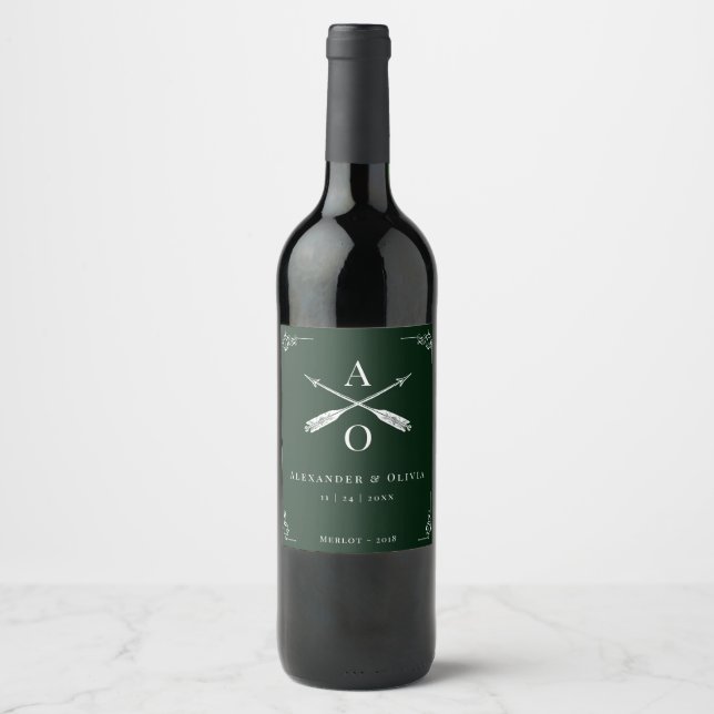 Emerald Green Monogram and Arrows Wedding Wine Label (Front)