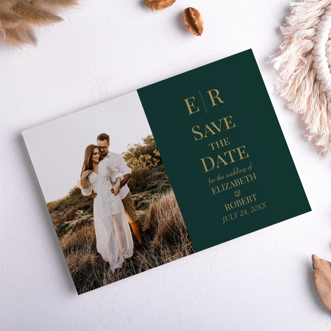 Emerald Green Monogram Custom Photo Save the Date Invitation (Emerald Green Monogram Custom Photo Save the Date Invitation on a neutral boho table.)