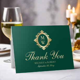 Emerald Green Monogram Elegant Carte de remercieme
