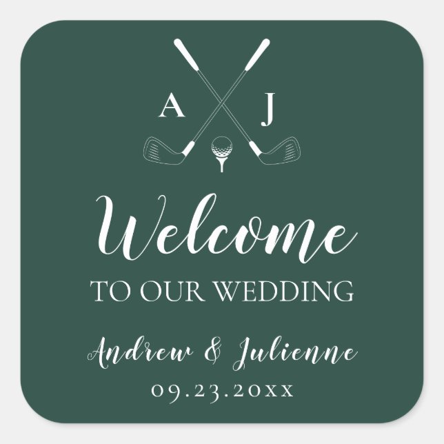 Emerald Green Monogram Golf Wedding Welcome Bag Square Sticker (Front)