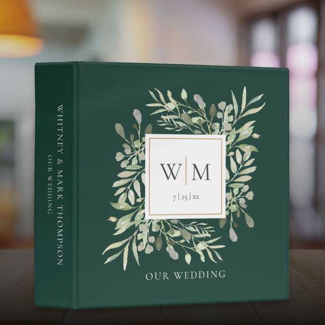 Emerald Green Monogram Greenery Wedding Photo Binder (Emerald Green Monogram Greenery Wedding Photo 3 Ring Binder)