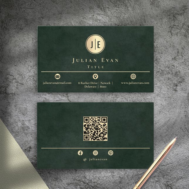 Emerald Green Monogram Modern Scannable Qr Code Business Card (Emerald Green Monogram Modern Scannable Qr Code Business Card)