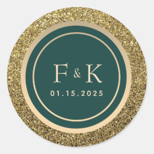 Emerald Green Monogram Wedding Classic Round Sticker