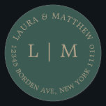 Emerald Green Monogram Wedding Classic Round Sticker<br><div class="desc">Modern and minimalist wedding Sticker featuring your two initial monogram and address. A simple design that still comes across as chic and stylish. These envelopes are a great way to add an elegant touch to your wedding invitation suite.</div>