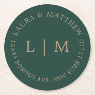 Emerald Green Monogram Wedding Round Paper Coaster