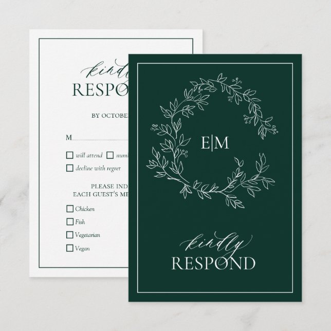 Emerald Green Monogram Wedding RSVP Card (Front/Back)