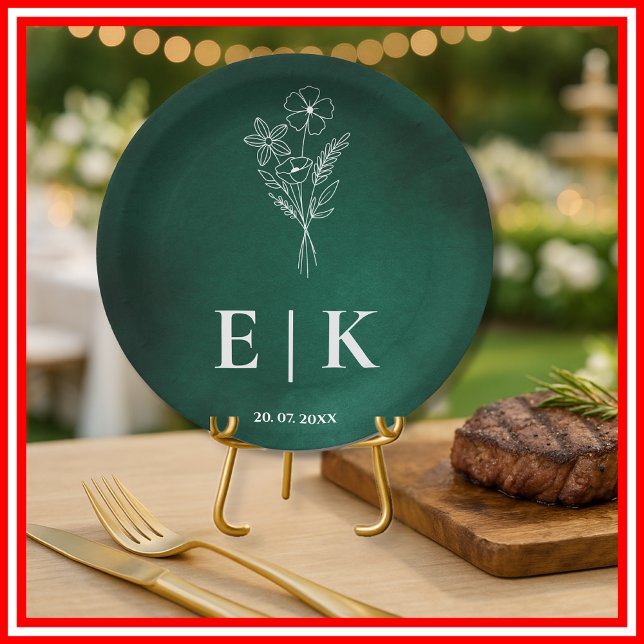 Emerald Green Monogram Wildflower Wedding Paper Plate (Creator Uploaded)