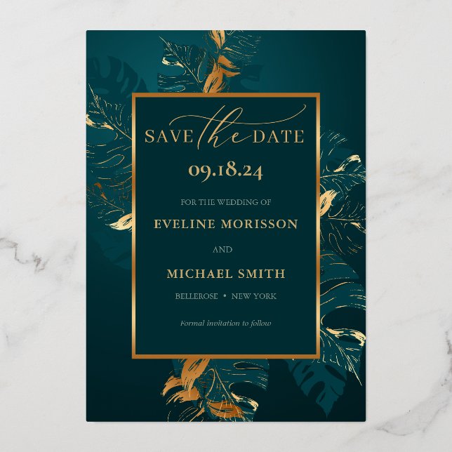 Emerald green monstera gold foil save the date (Front)