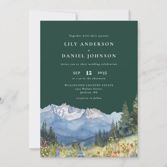 Emerald Green Mountain Floral QR Code Wedding Invitation (Front)