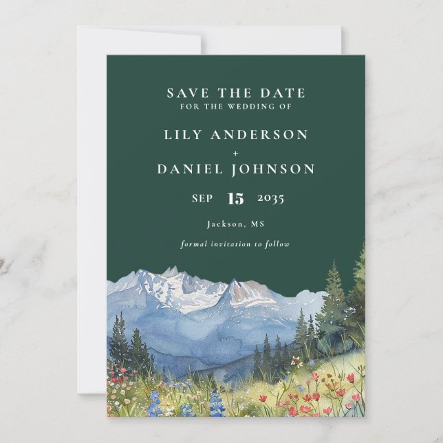 Emerald Green Mountain Wildflower Floral Wedding Save The Date (Front)