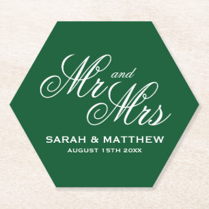 Emerald green Mr and Mrs hexagon wedding coasters