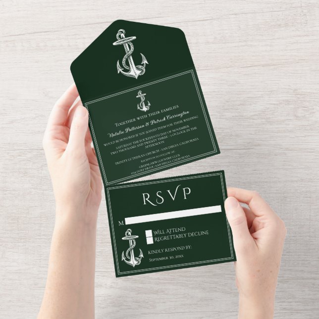 Emerald Green Nautical Anchor All In One Invitation (Tearaway)