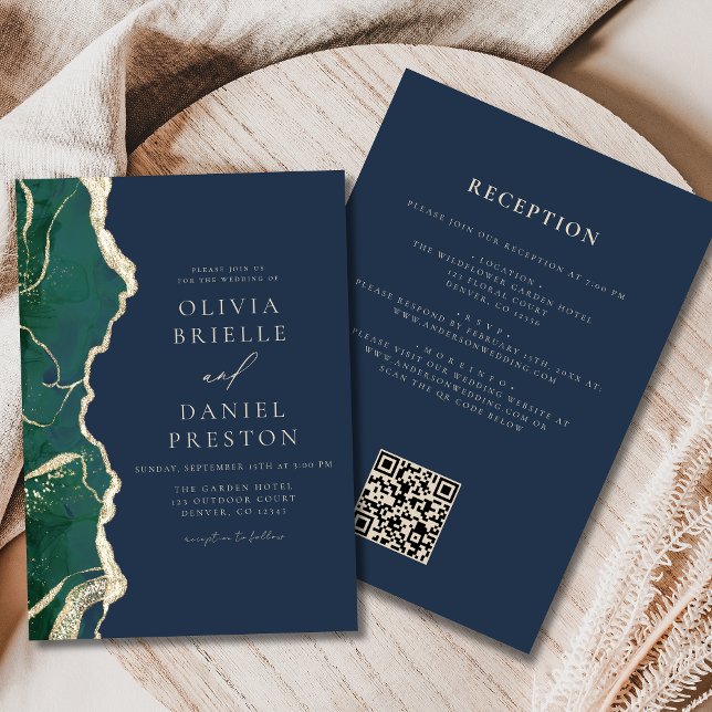 Emerald Green Navy Blue Agate Wedding QR Code Invitation (Creator Uploaded)