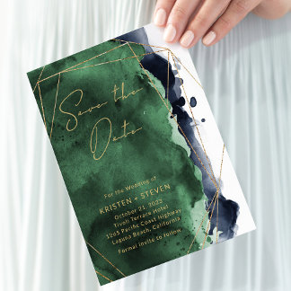 Emerald Green & Navy Blue Watercolor Save The Date Invitation
