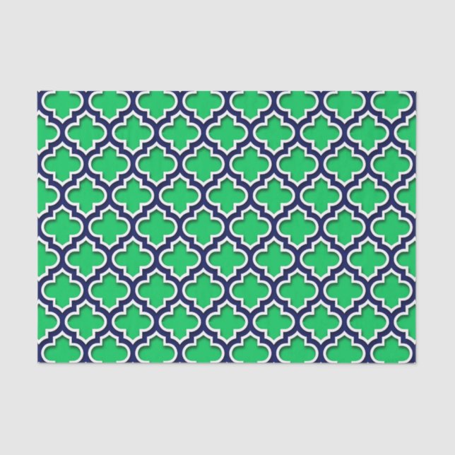 Emerald Green Navy White Moroccan Quatrefoil #5DS Tissue Paper (Front)