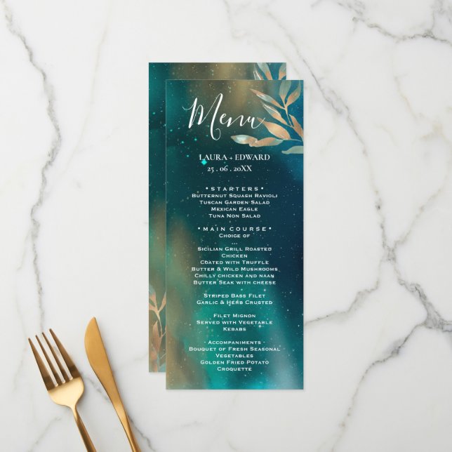 Emerald green nebula galaxy night sky golden foil  menu (Front/Back In Situ)