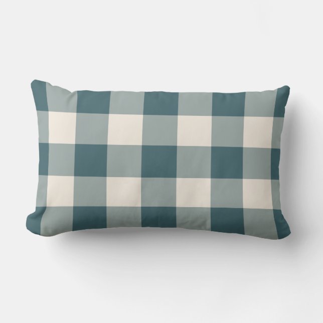 Emerald Green Off-White Gingham Pattern Chequered Lumbar Pillow (Front)