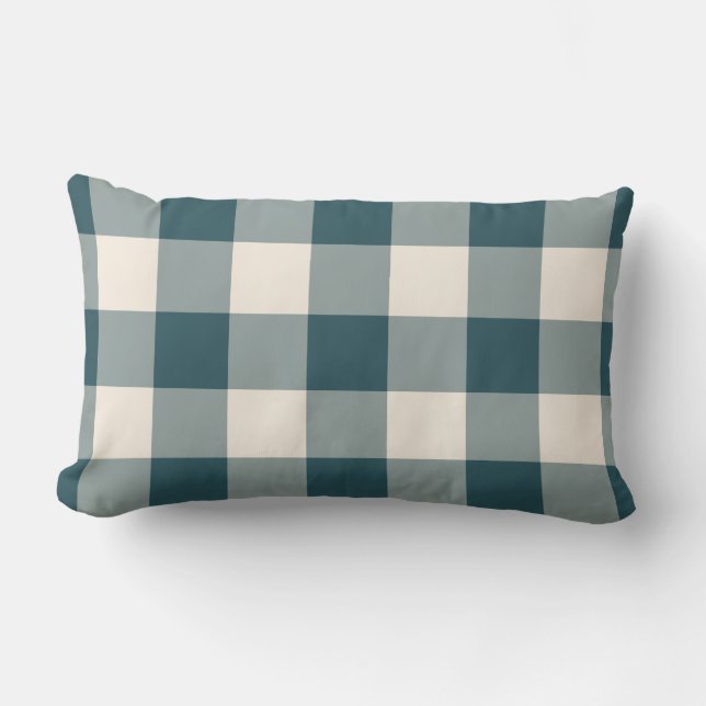 Emerald Green Off-White Gingham Pattern Chequered Lumbar Pillow (Front)