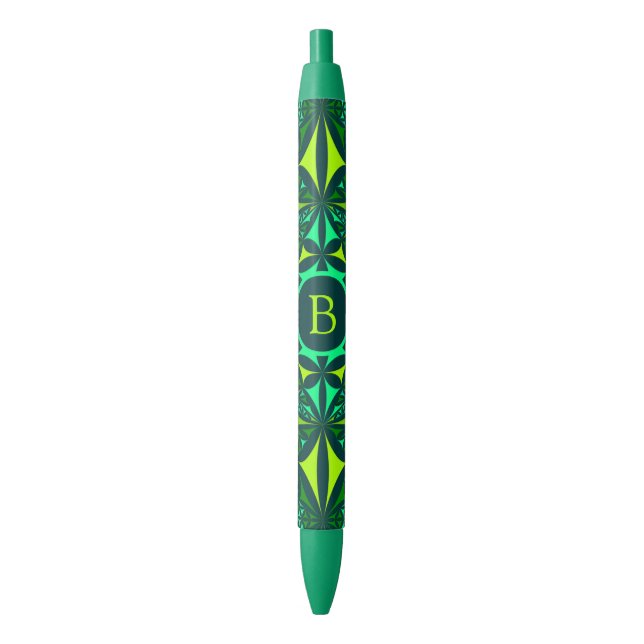 Emerald Green Ornate Kaleidoscope Monogram Black Ink Pen (Front Vertical)