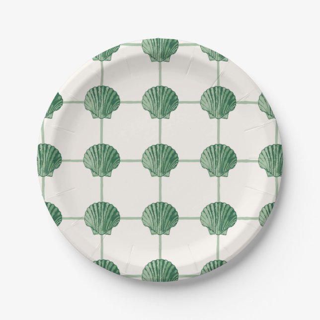 Emerald Green Painted Coastal Seashell Checkers Paper Plate (Front)