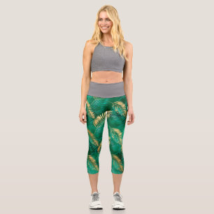 Emerald Green Palm Leaf Bright Golden Jungle Capri Leggings