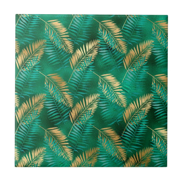 Emerald Green Palm Leaf Bright Golden Jungle Tile (Front)