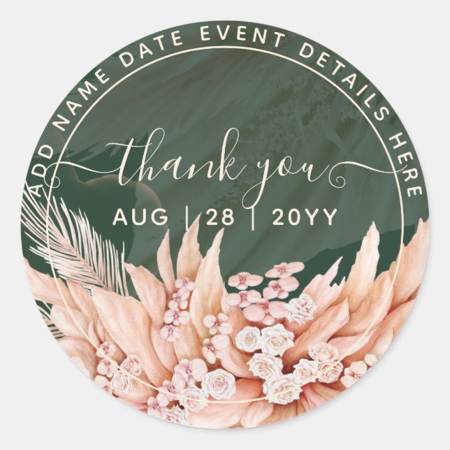Emerald Green Pampas Grass Thank You Favour Classi Classic Round Sticker (Front)