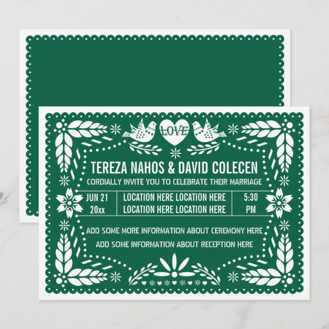 Emerald green papel picado love birds wedding invitation (Front/Back)