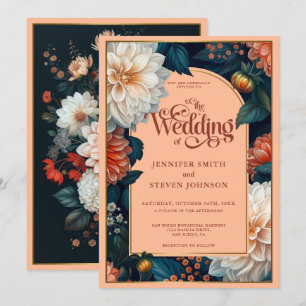 Emerald Green Pastel Peach Dahlia Autumn Wedding Invitation