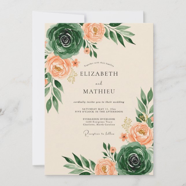Emerald Green Peach Artistic Spring Wedding Invitation (Front)