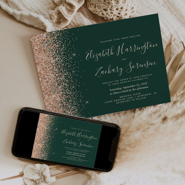 Emerald Green Peach Glitter Wedding Invitation (Creator Uploaded)