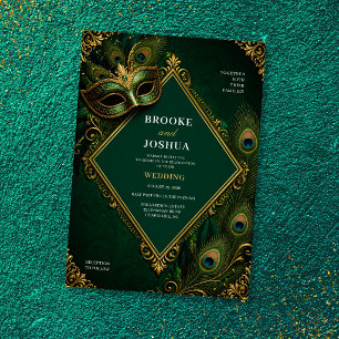 Emerald Green Peacock Masquerade Luxury Wedding Invitation