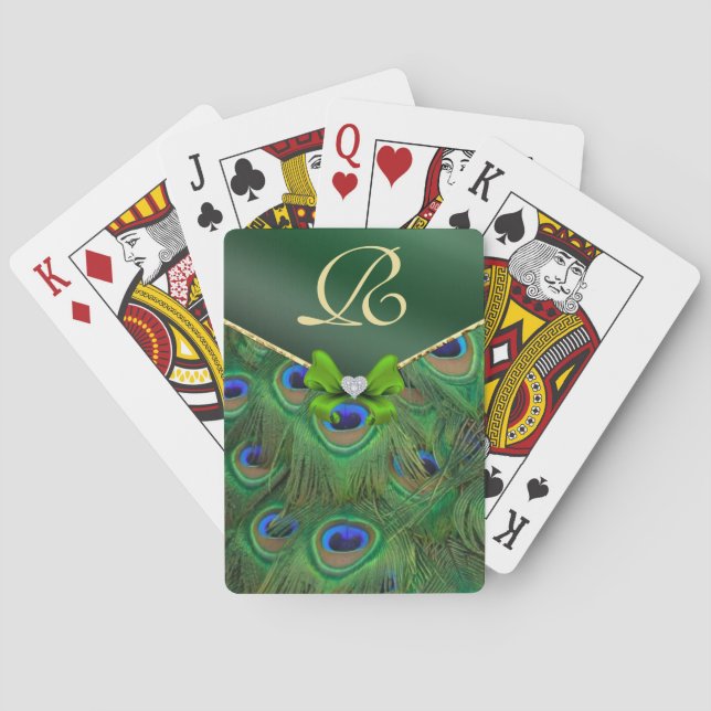 Emerald Green Peacock Monogram Playing Cards (Back)