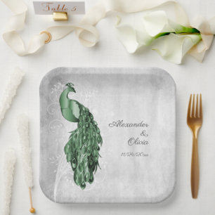 Emerald Green Peacock Wedding Shower Paper Plates