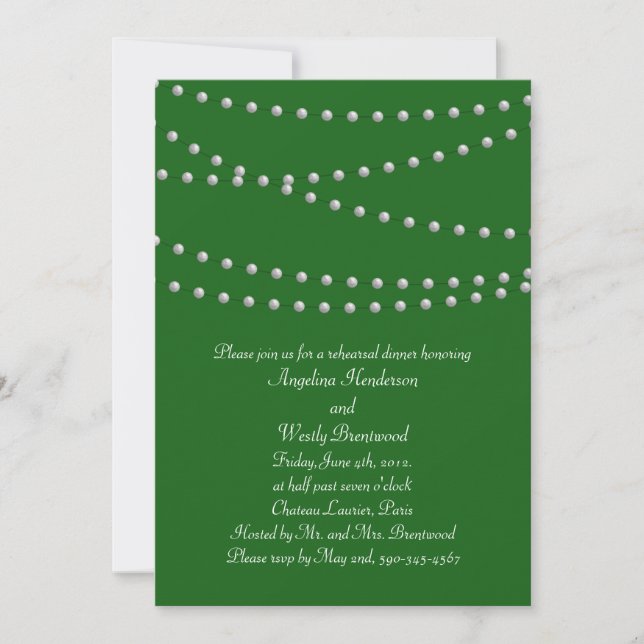 Emerald Green Pearls Rehearsal Dinner Invitation (Front)