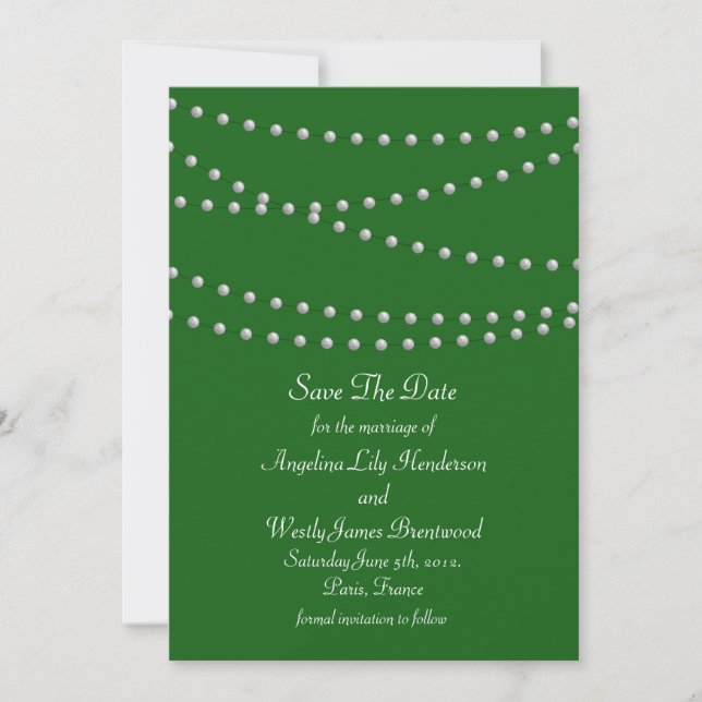 Emerald Green Pearls Save the Date (Front)