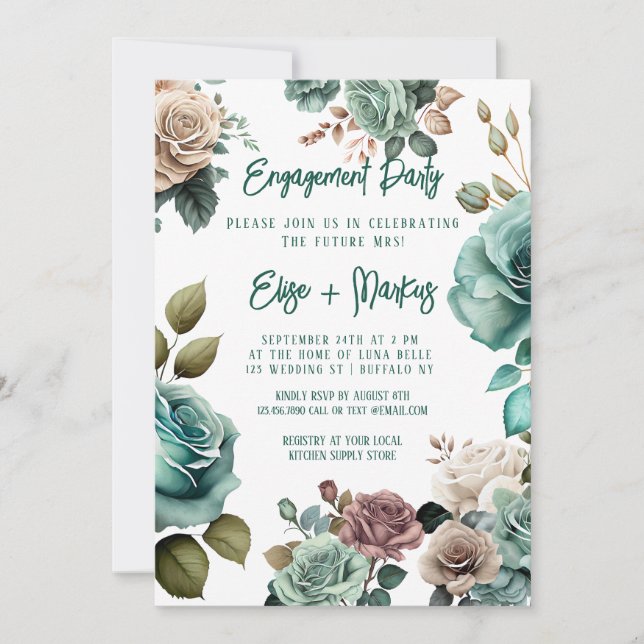 Emerald Green Peony Engagement Party Invitation (Front)