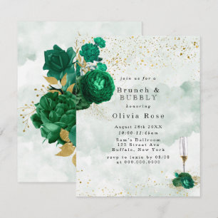 Emerald Green Peony Gold Brunch & Bubbly Invite