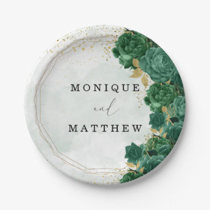 Emerald Green Peony Gold Shine Wedding Paper Plate